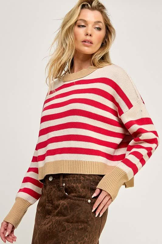 Natural/Red Crop Pullover - Purpose + Passion Boutique