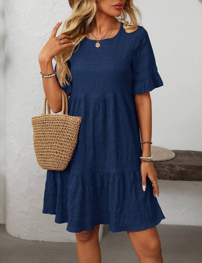 Navy Blue Floaty Relaxed Short - Sleeved Dress - Purpose + Passion Boutique