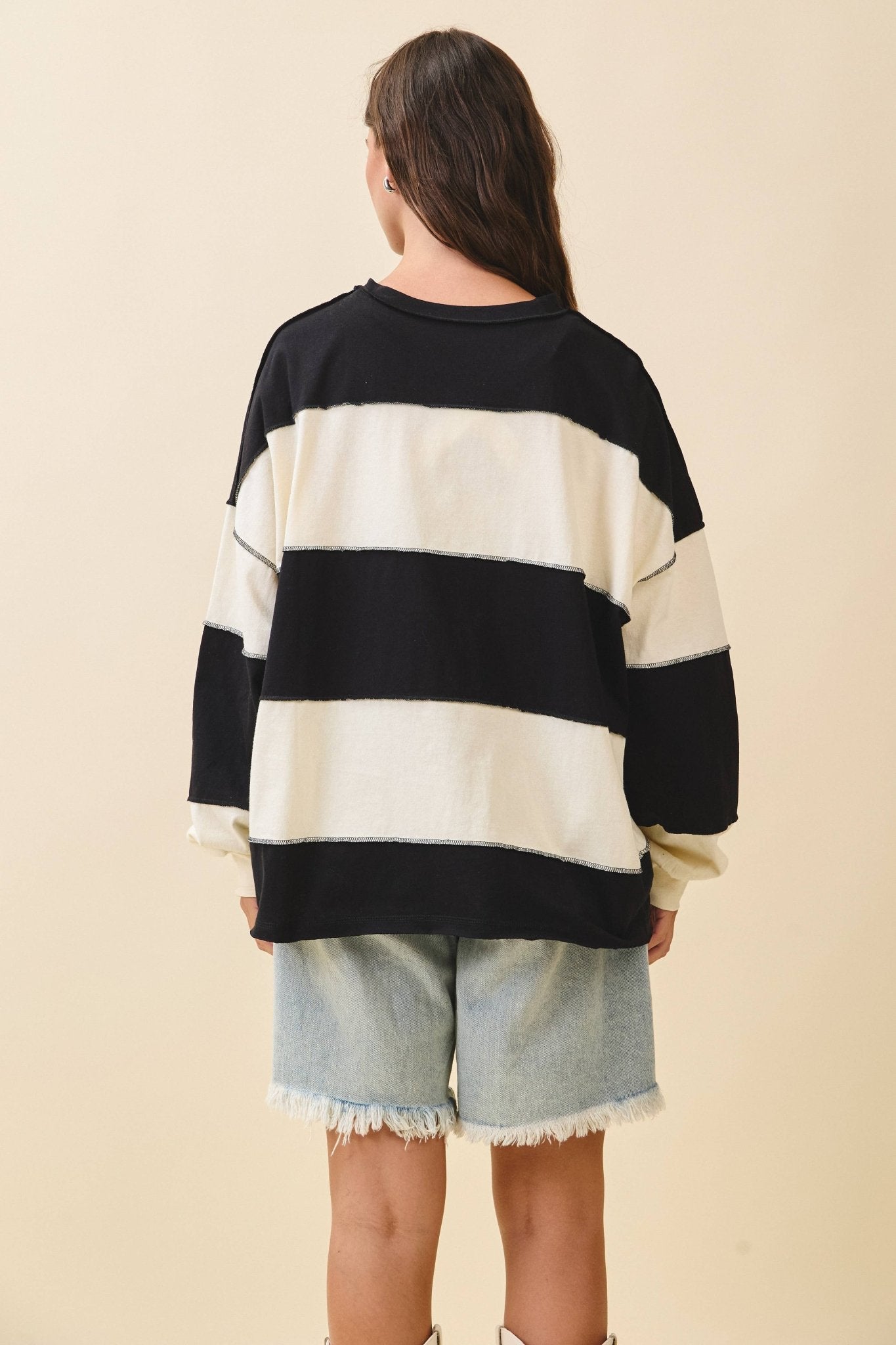 Navy Contrast Panel Long Sleeve Slouchy Top - Purpose + Passion Boutique
