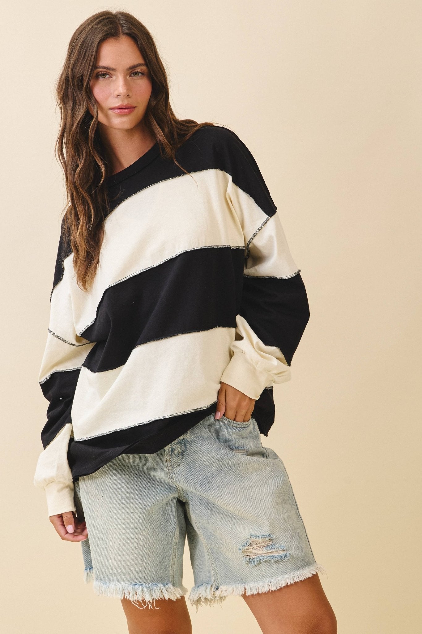 Navy Contrast Panel Long Sleeve Slouchy Top - Purpose + Passion Boutique