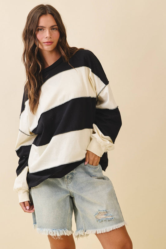Navy Contrast Panel Long Sleeve Slouchy Top - Purpose + Passion Boutique