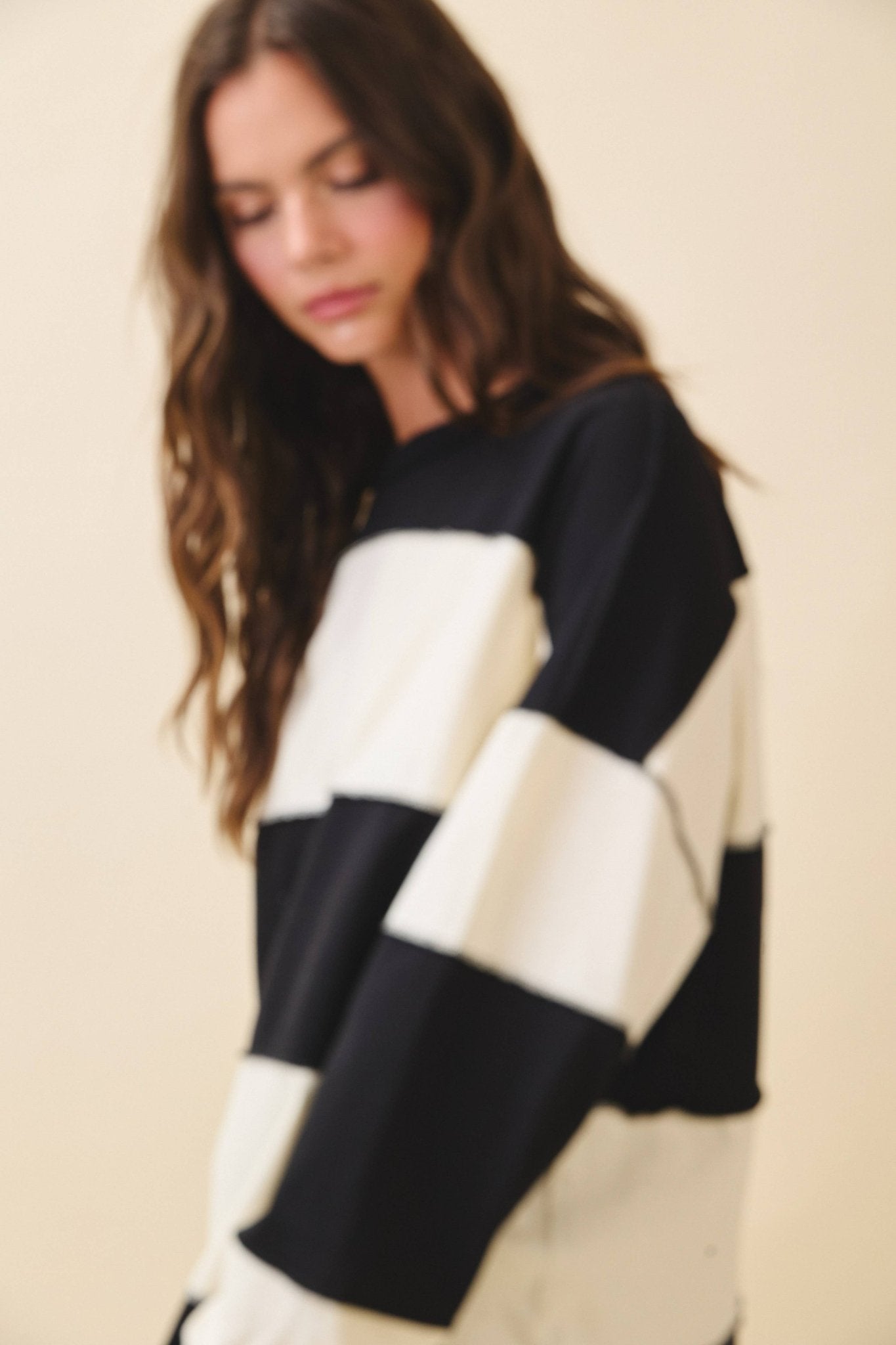 Navy Contrast Panel Long Sleeve Slouchy Top - Purpose + Passion Boutique