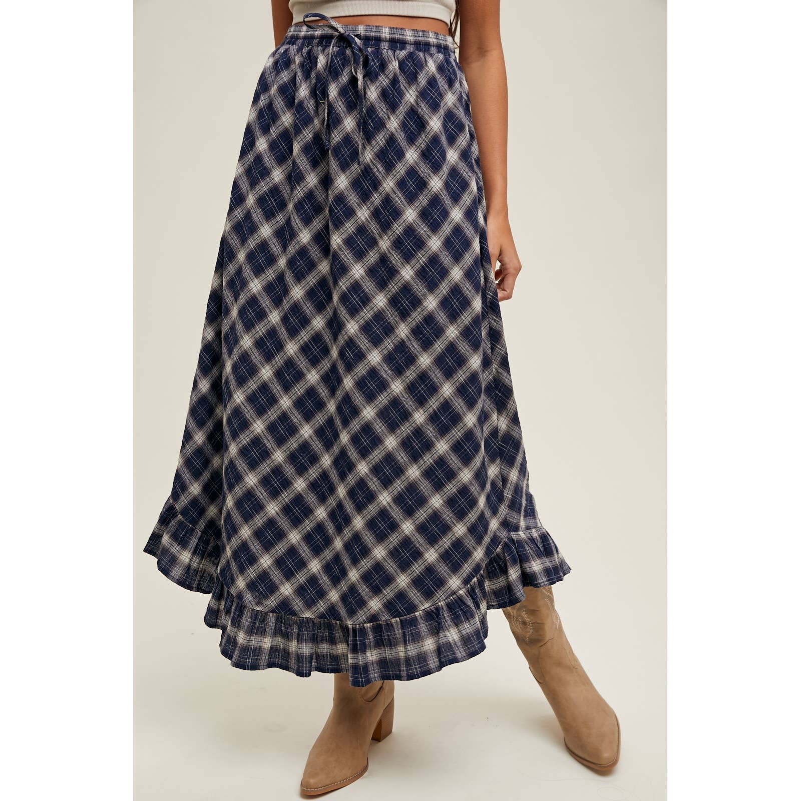 Navy + Cream Plaid Ruffle Hem Midi Skirt - Purpose + Passion Boutique