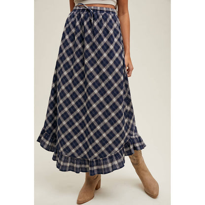 Navy + Cream Plaid Ruffle Hem Midi Skirt - Purpose + Passion Boutique