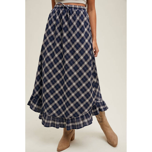Navy + Cream Plaid Ruffle Hem Midi Skirt - Purpose + Passion Boutique