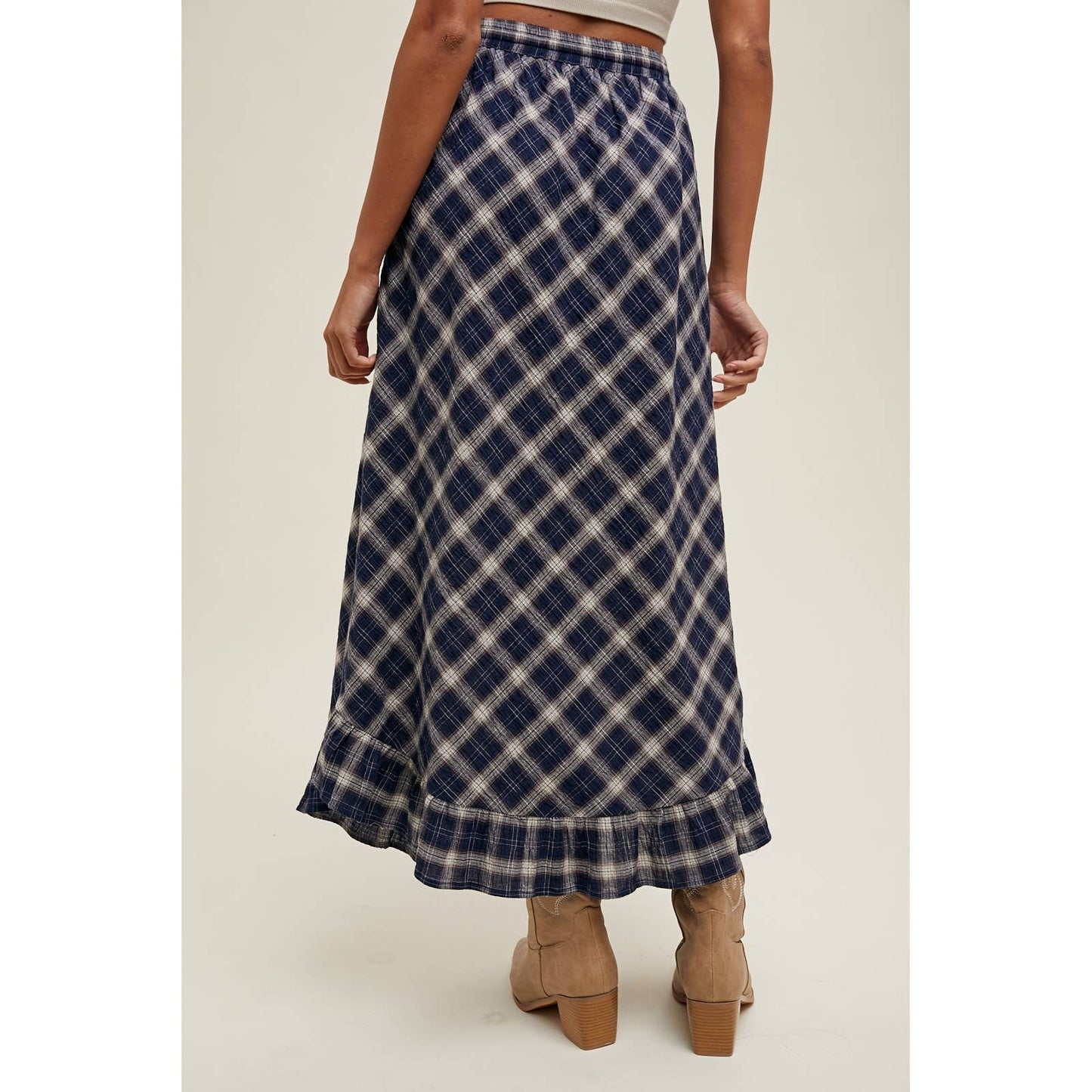 Navy + Cream Plaid Ruffle Hem Midi Skirt - Purpose + Passion Boutique