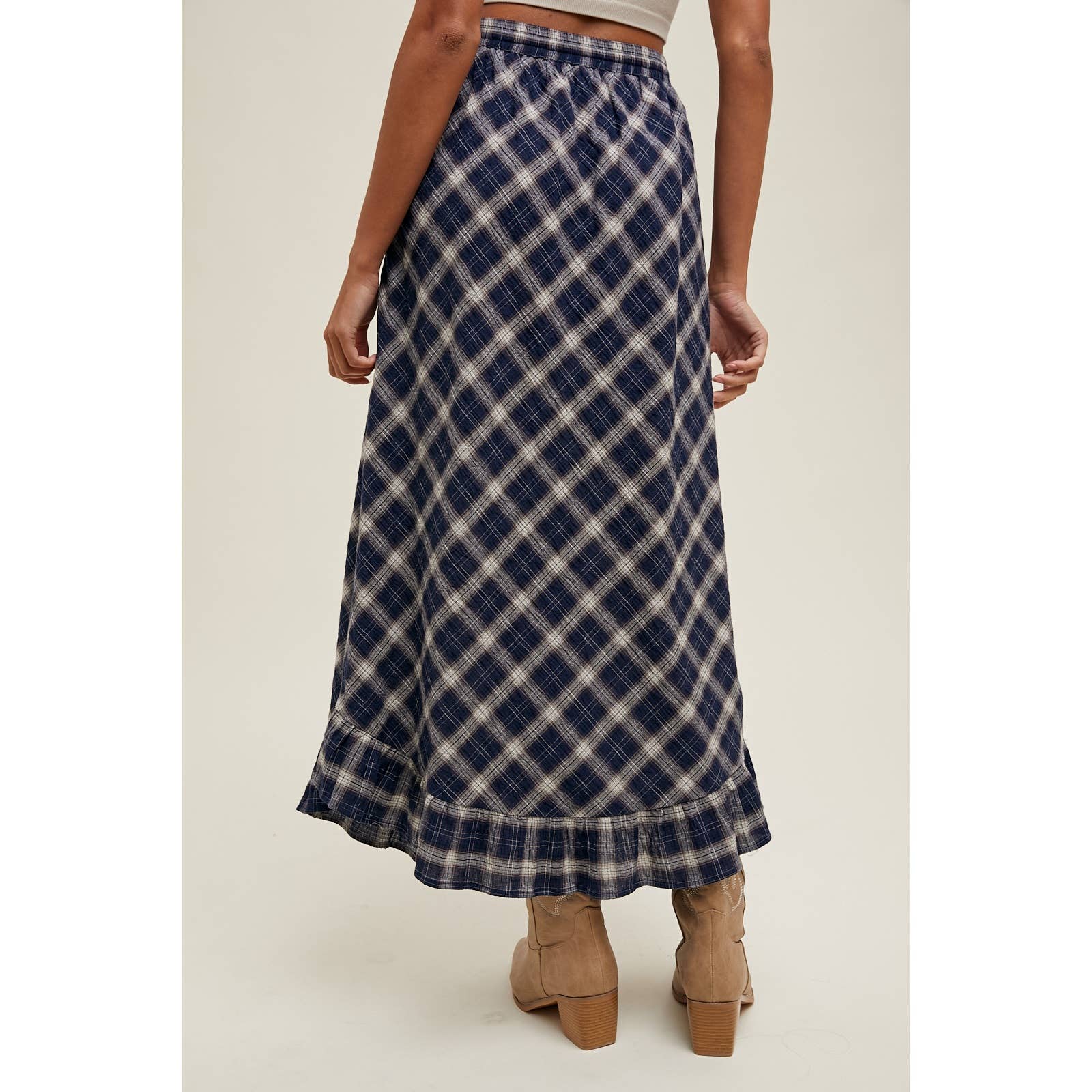 Navy + Cream Plaid Ruffle Hem Midi Skirt - Purpose + Passion Boutique