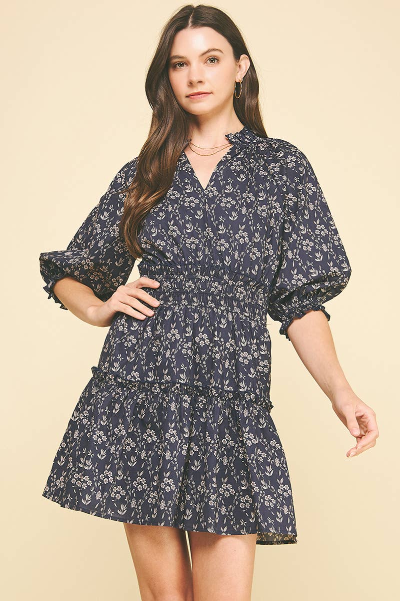 Navy Floral Balloon Sleeve Mini Dress - Purpose + Passion Boutique