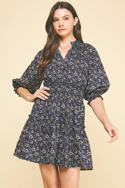 Navy Floral Balloon Sleeve Mini Dress - Purpose + Passion Boutique