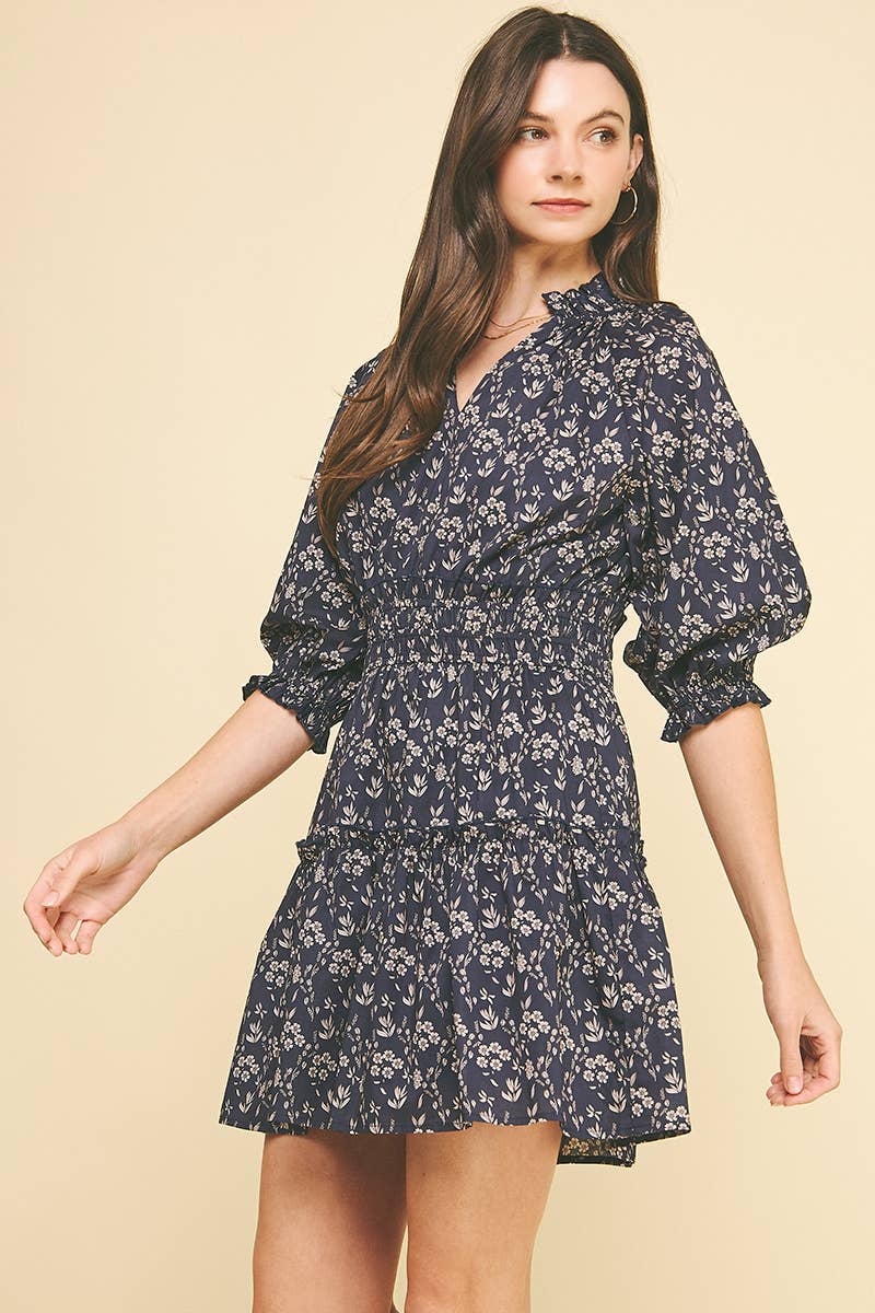 Navy Floral Balloon Sleeve Mini Dress - Purpose + Passion Boutique