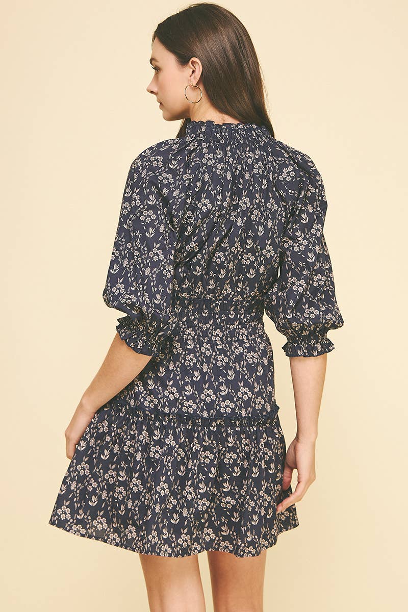 Navy Floral Balloon Sleeve Mini Dress - Purpose + Passion Boutique