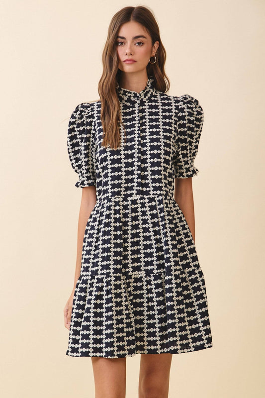 Navy Geometric Hidden Button - Down Mini Dress - Purpose + Passion Boutique