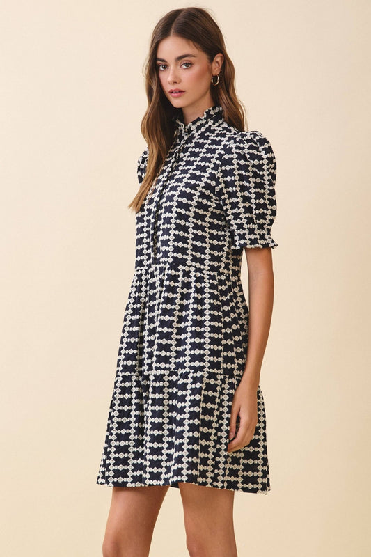 Navy Geometric Hidden Button - Down Mini Dress - Purpose + Passion Boutique
