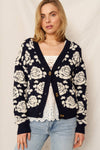 Navy & Ivory Rose Print Jacquard Sweater Cardigan - Purpose + Passion Boutique