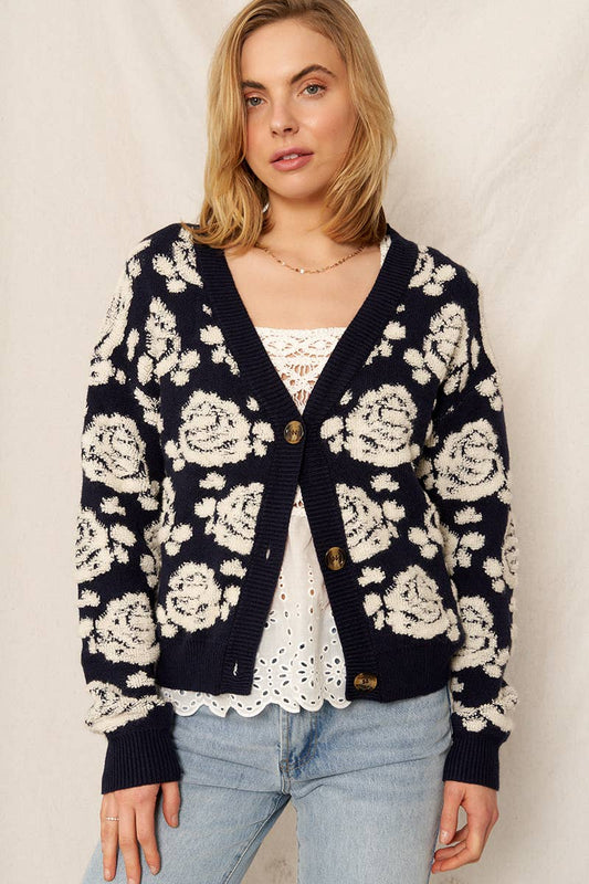 Navy & Ivory Rose Print Jacquard Sweater Cardigan - Purpose + Passion Boutique