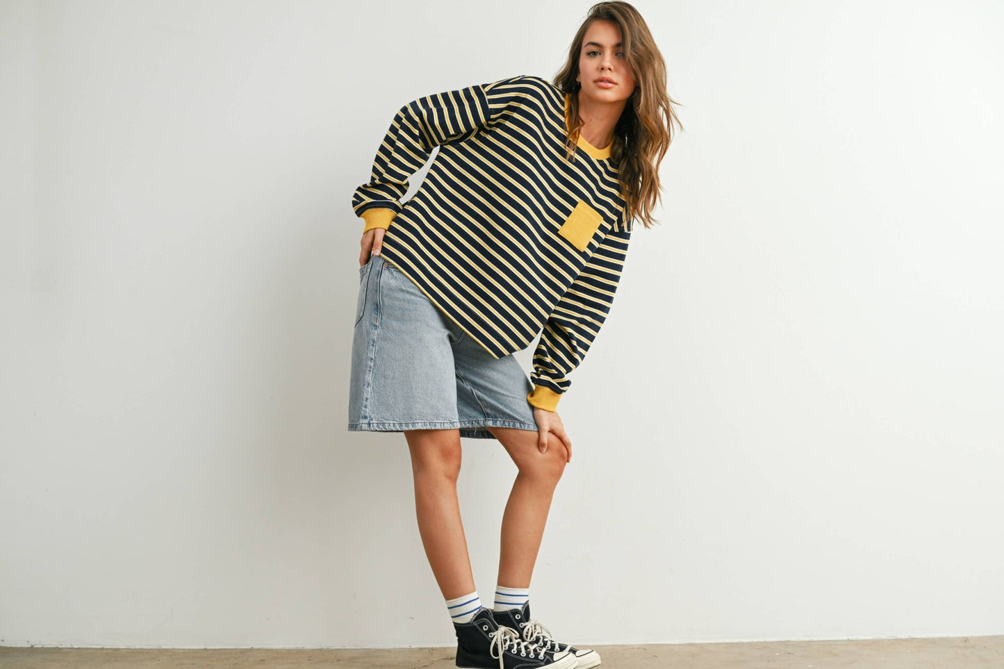 Navy / Mustard Striped Crew Neck Long Sleeve Top - Purpose + Passion Boutique