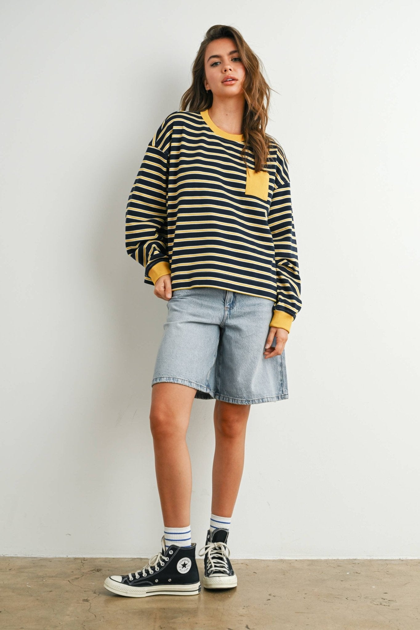 Navy / Mustard Striped Crew Neck Long Sleeve Top - Purpose + Passion Boutique
