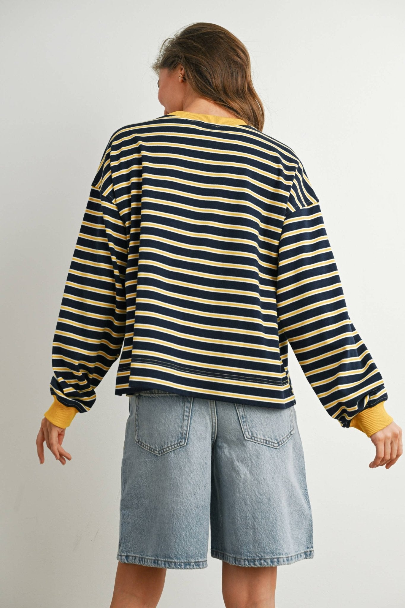 Navy / Mustard Striped Crew Neck Long Sleeve Top - Purpose + Passion Boutique