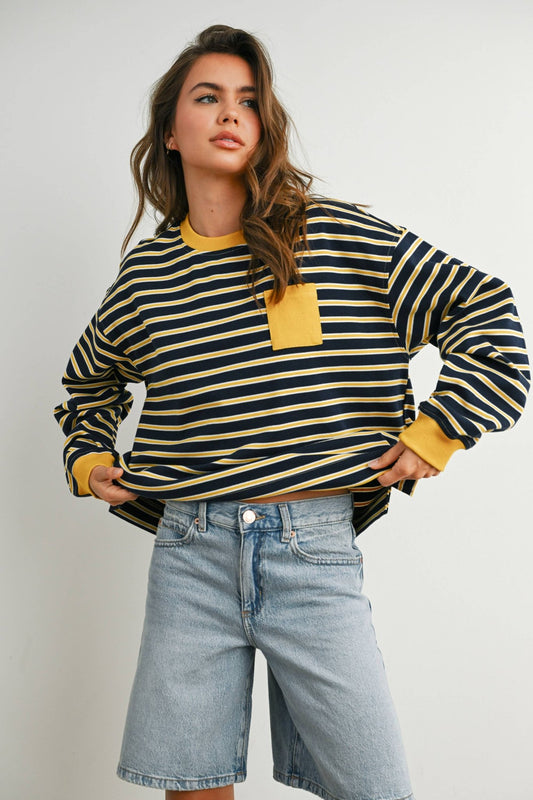 Navy / Mustard Striped Crew Neck Long Sleeve Top - Purpose + Passion Boutique