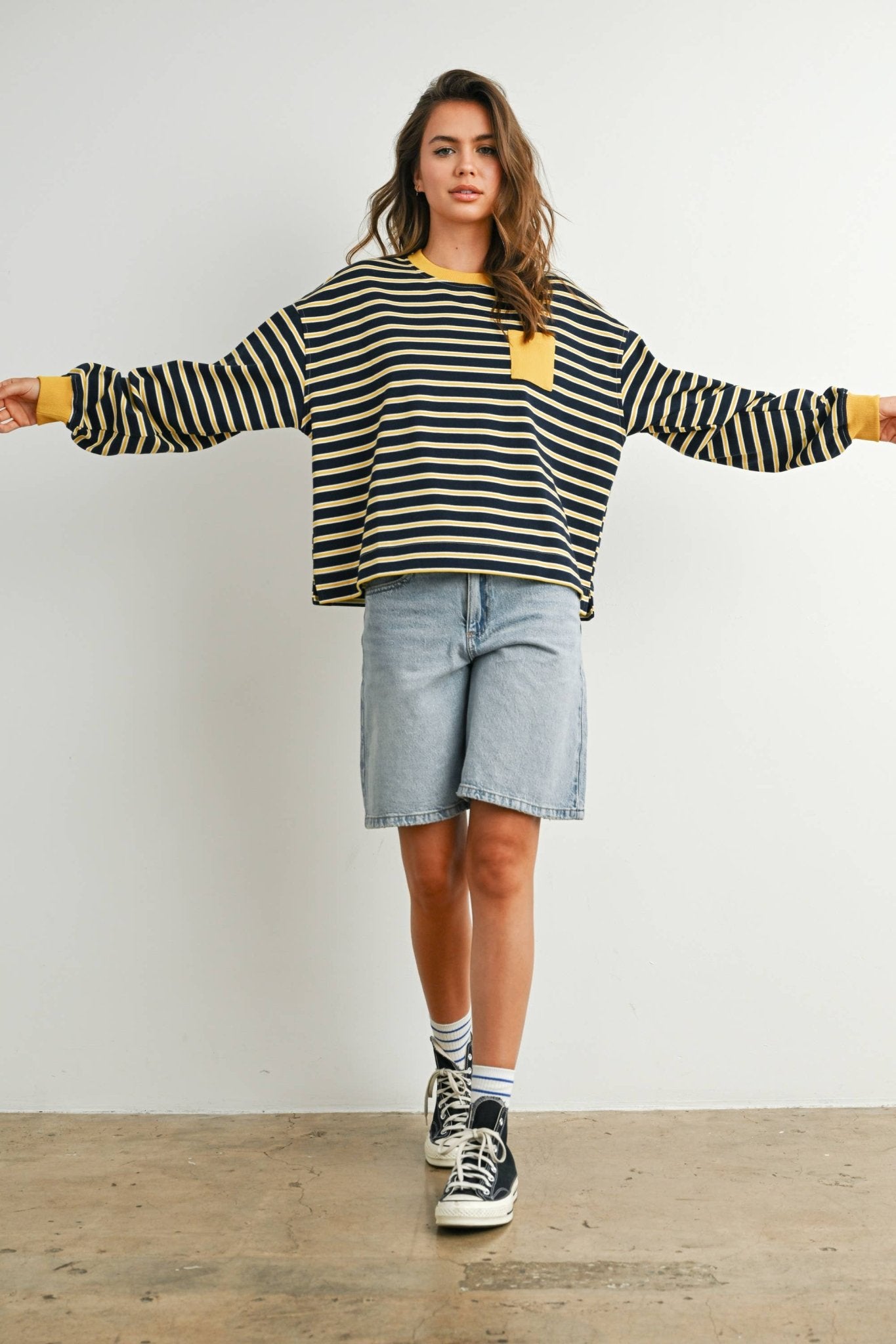 Navy / Mustard Striped Crew Neck Long Sleeve Top - Purpose + Passion Boutique