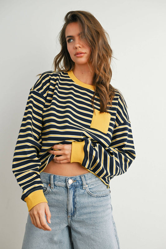 Navy / Mustard Striped Crew Neck Long Sleeve Top - Purpose + Passion Boutique
