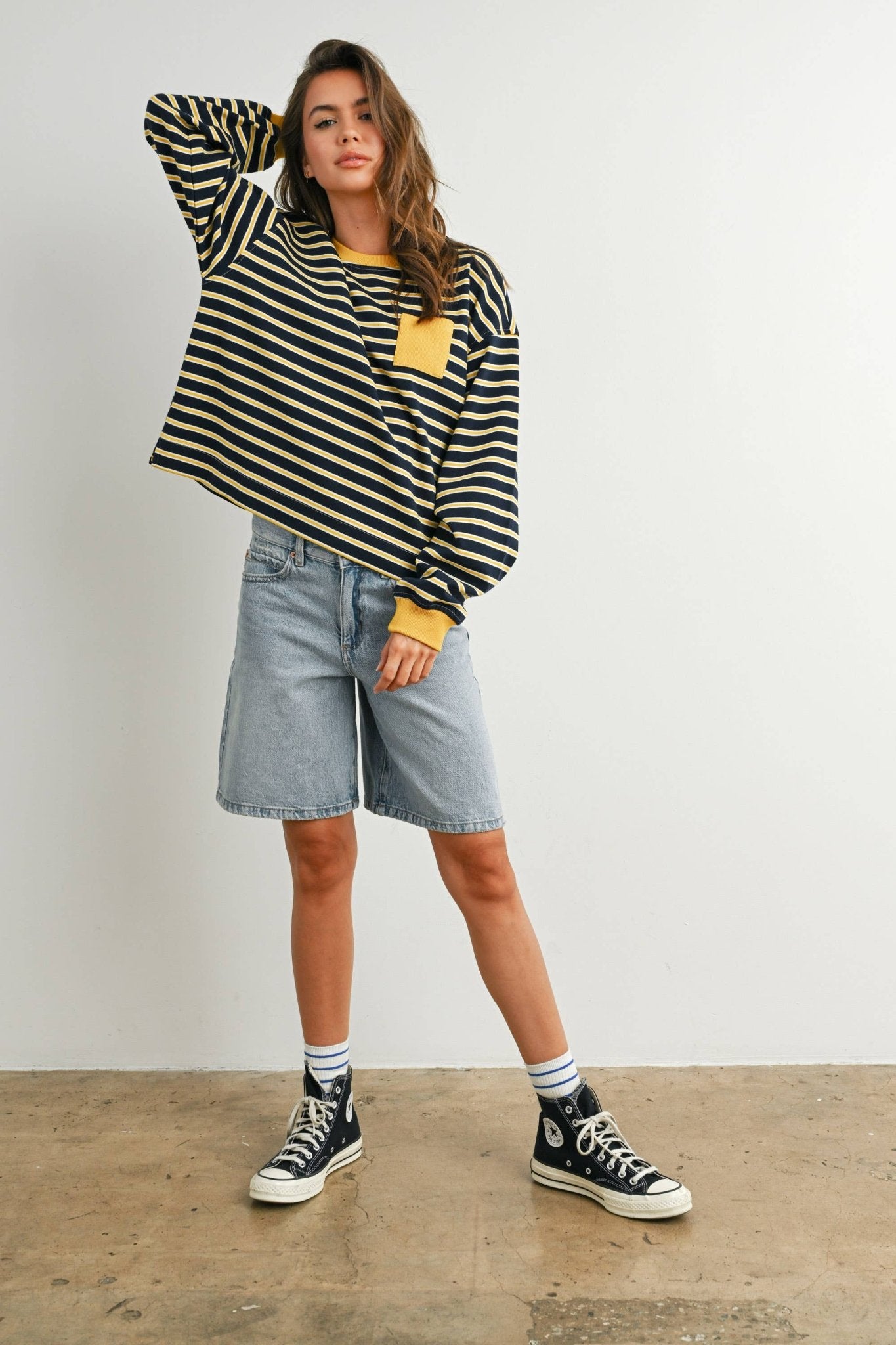 Navy / Mustard Striped Crew Neck Long Sleeve Top - Purpose + Passion Boutique
