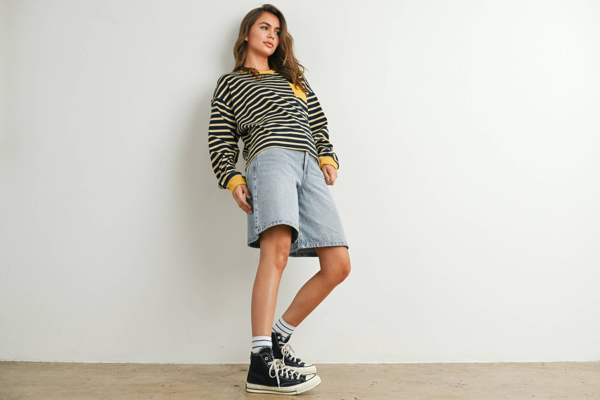 Navy / Mustard Striped Crew Neck Long Sleeve Top - Purpose + Passion Boutique