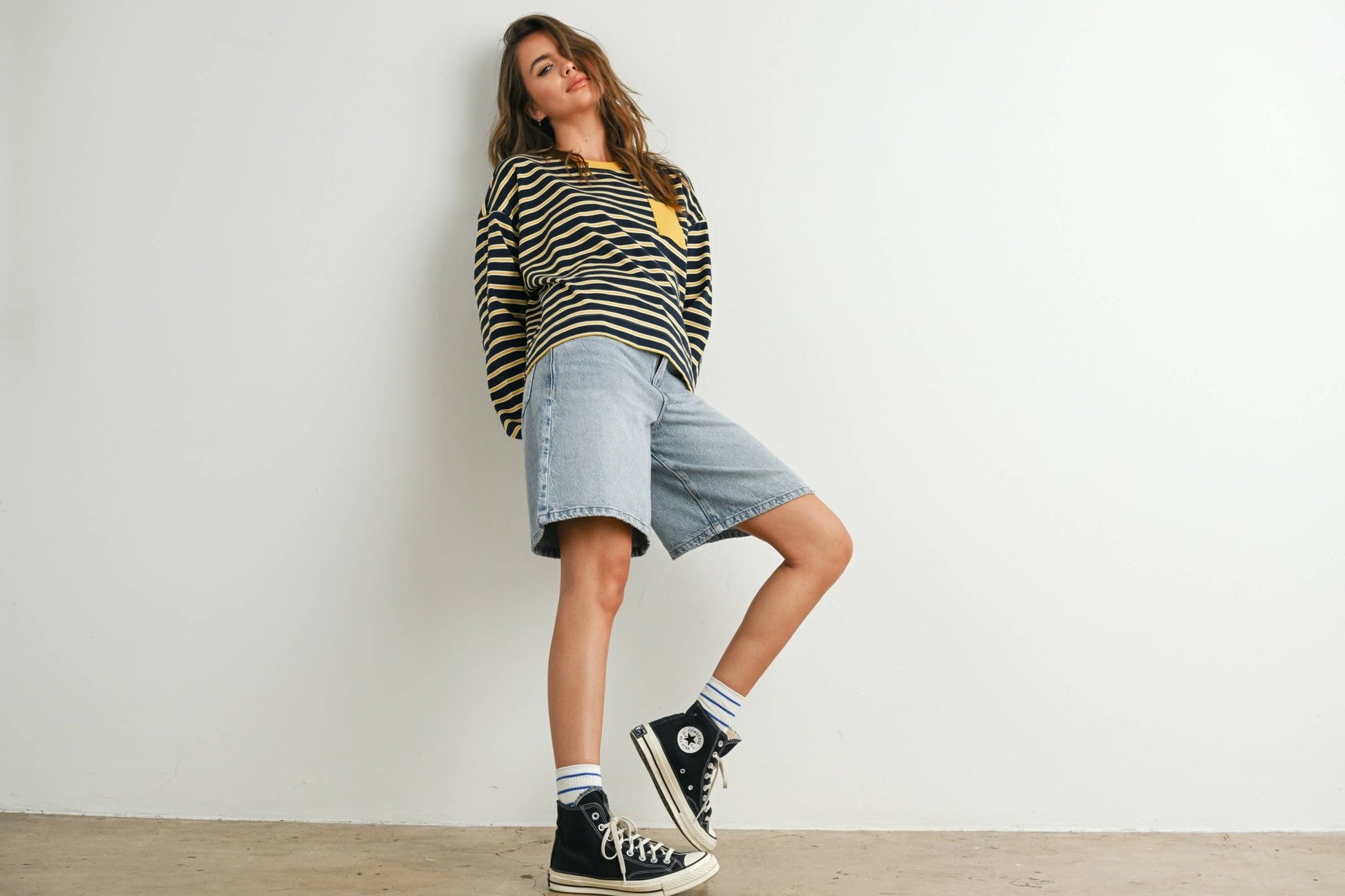 Navy / Mustard Striped Crew Neck Long Sleeve Top - Purpose + Passion Boutique