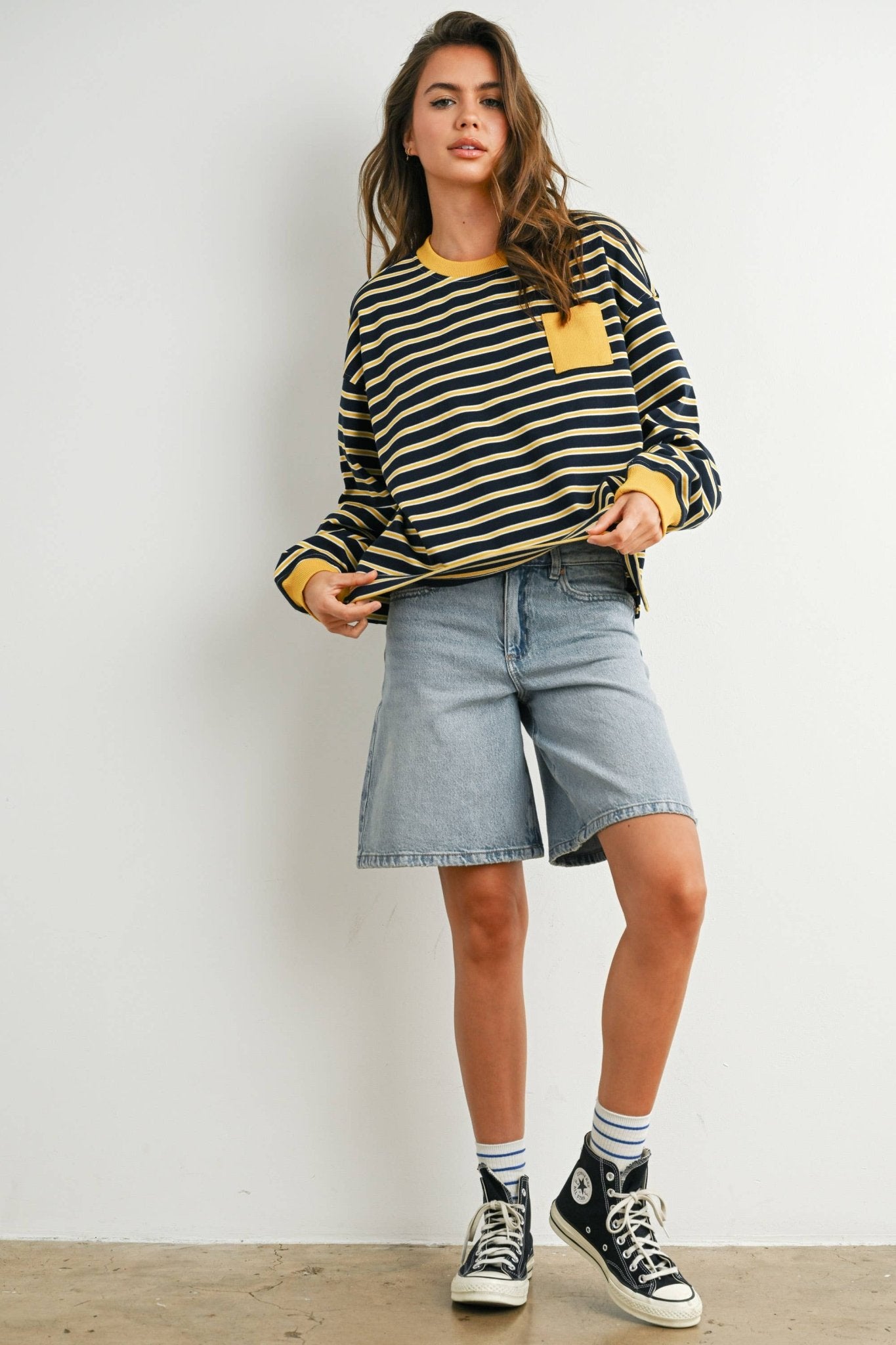 Navy / Mustard Striped Crew Neck Long Sleeve Top - Purpose + Passion Boutique