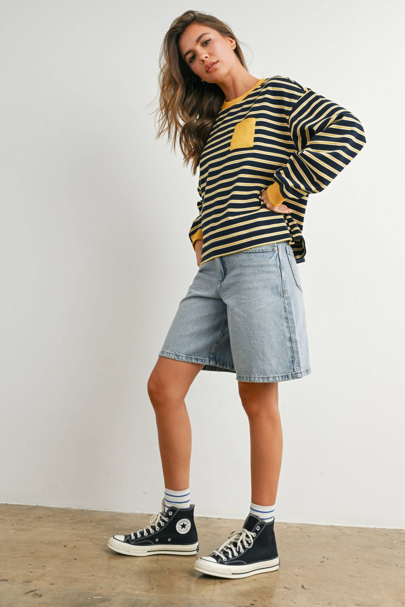 Navy / Mustard Striped Crew Neck Long Sleeve Top - Purpose + Passion Boutique