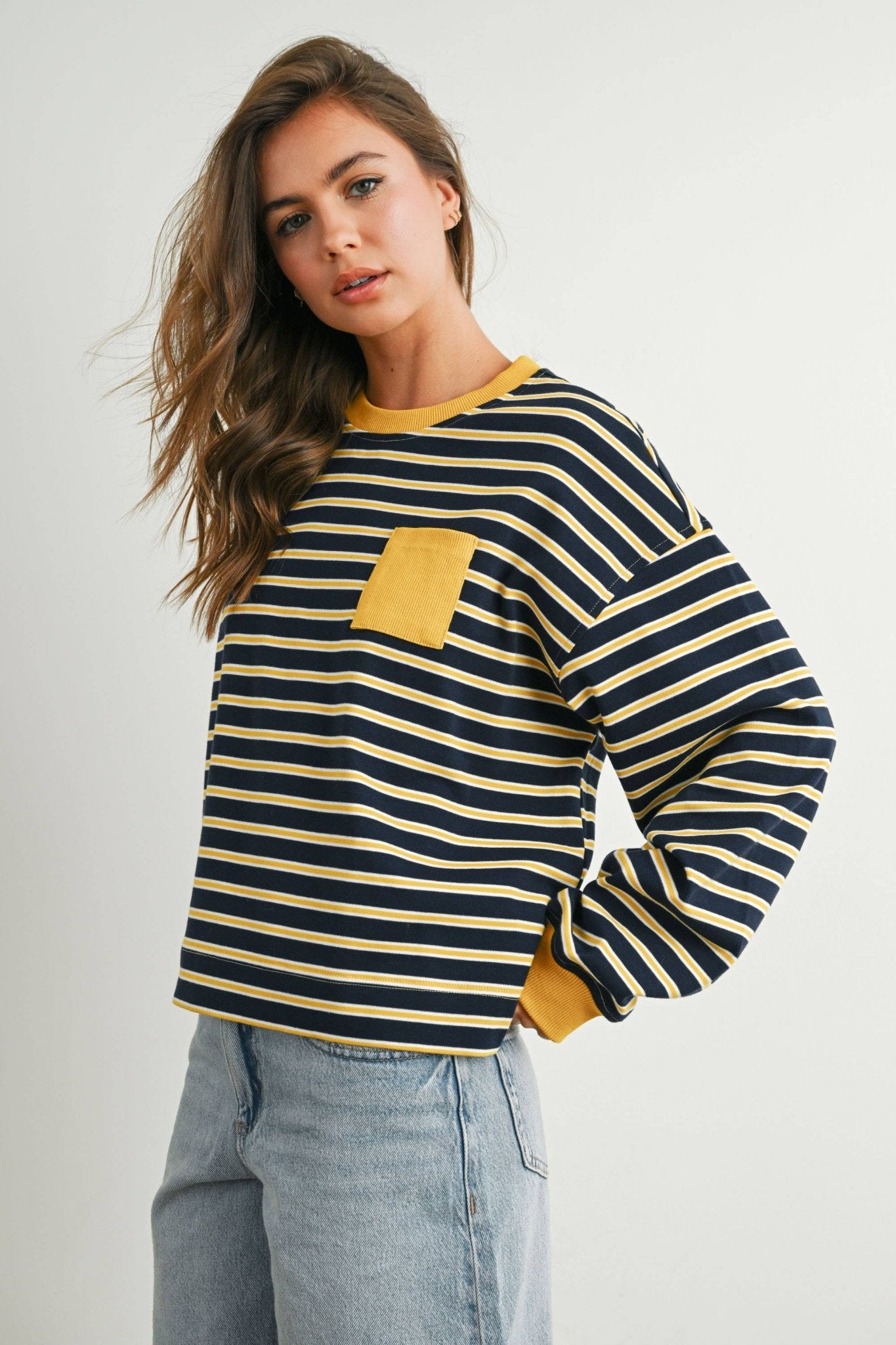 Navy / Mustard Striped Crew Neck Long Sleeve Top - Purpose + Passion Boutique