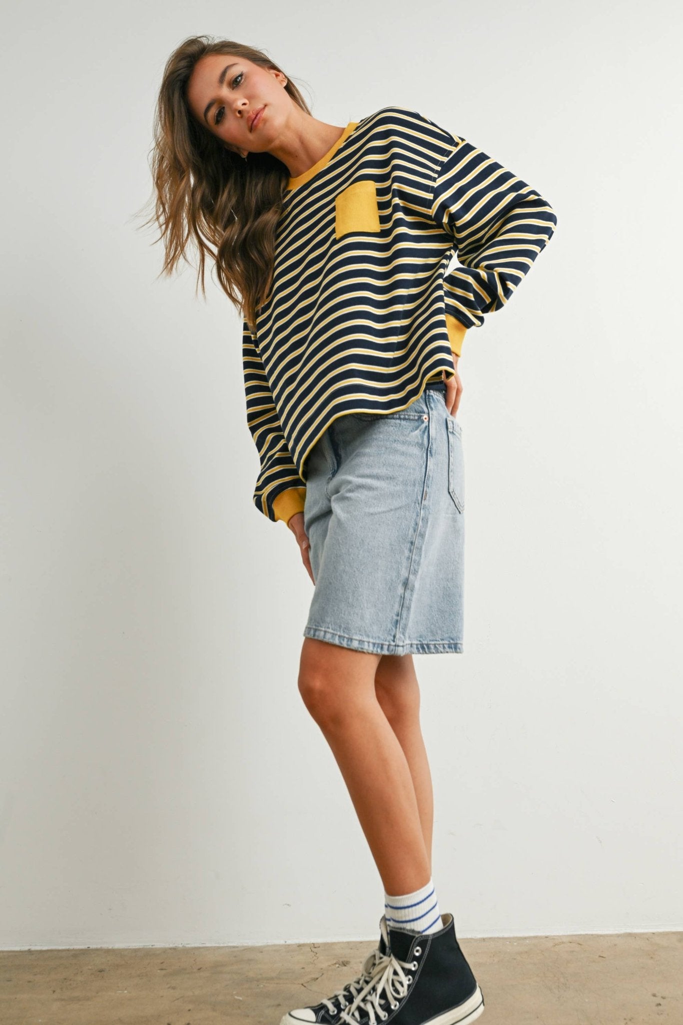 Navy / Mustard Striped Crew Neck Long Sleeve Top - Purpose + Passion Boutique