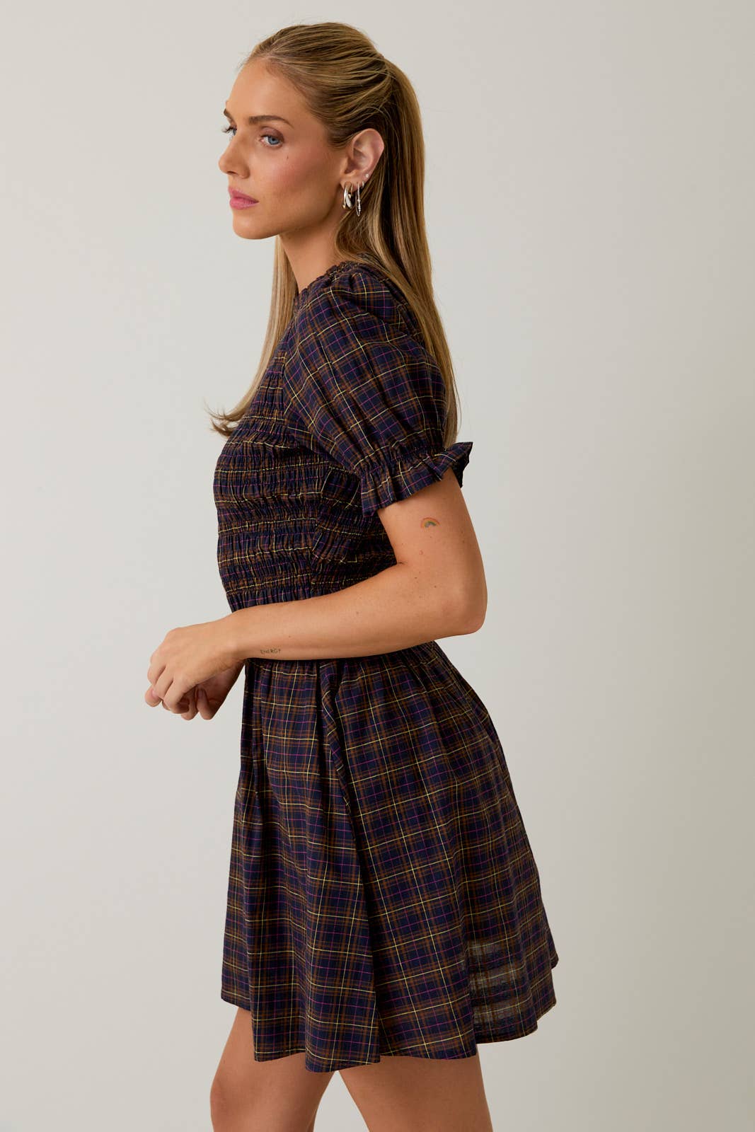 Navy Plaid Ruffle Smocked Dress - Purpose + Passion Boutique