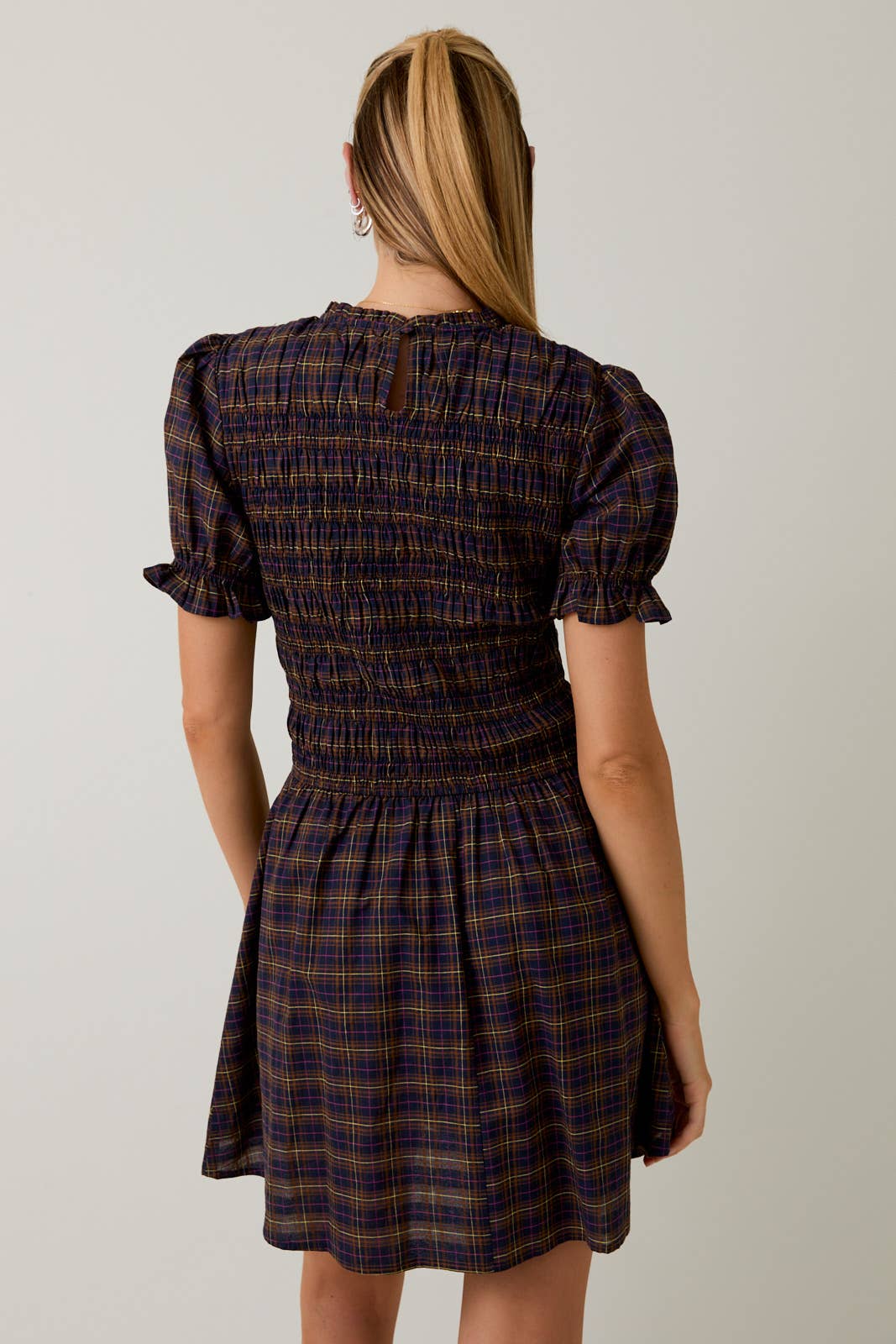 Navy Plaid Ruffle Smocked Dress - Purpose + Passion Boutique