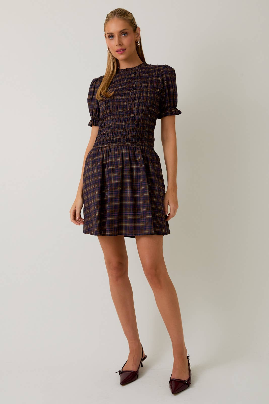 Navy Plaid Ruffle Smocked Dress - Purpose + Passion Boutique