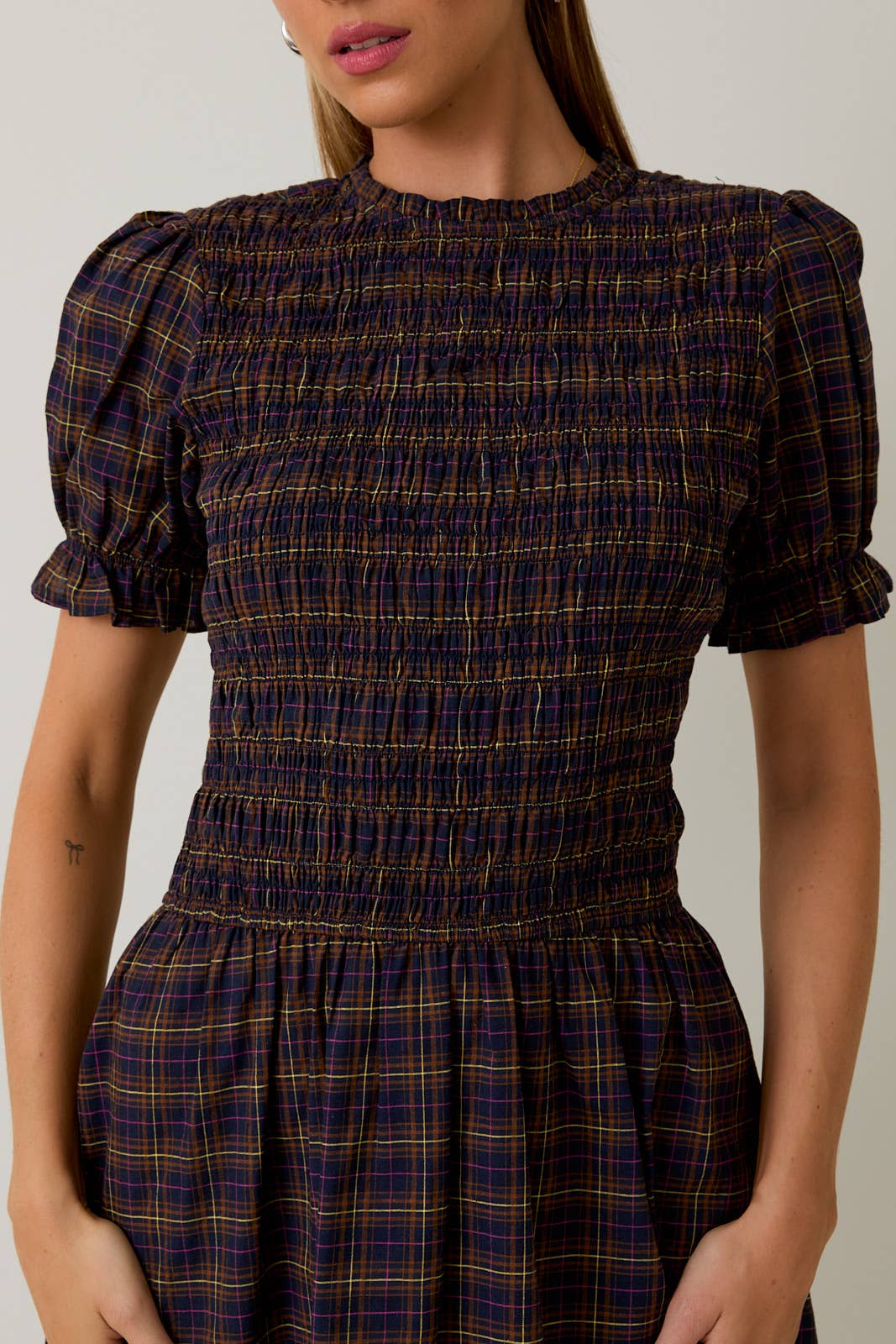 Navy Plaid Ruffle Smocked Dress - Purpose + Passion Boutique