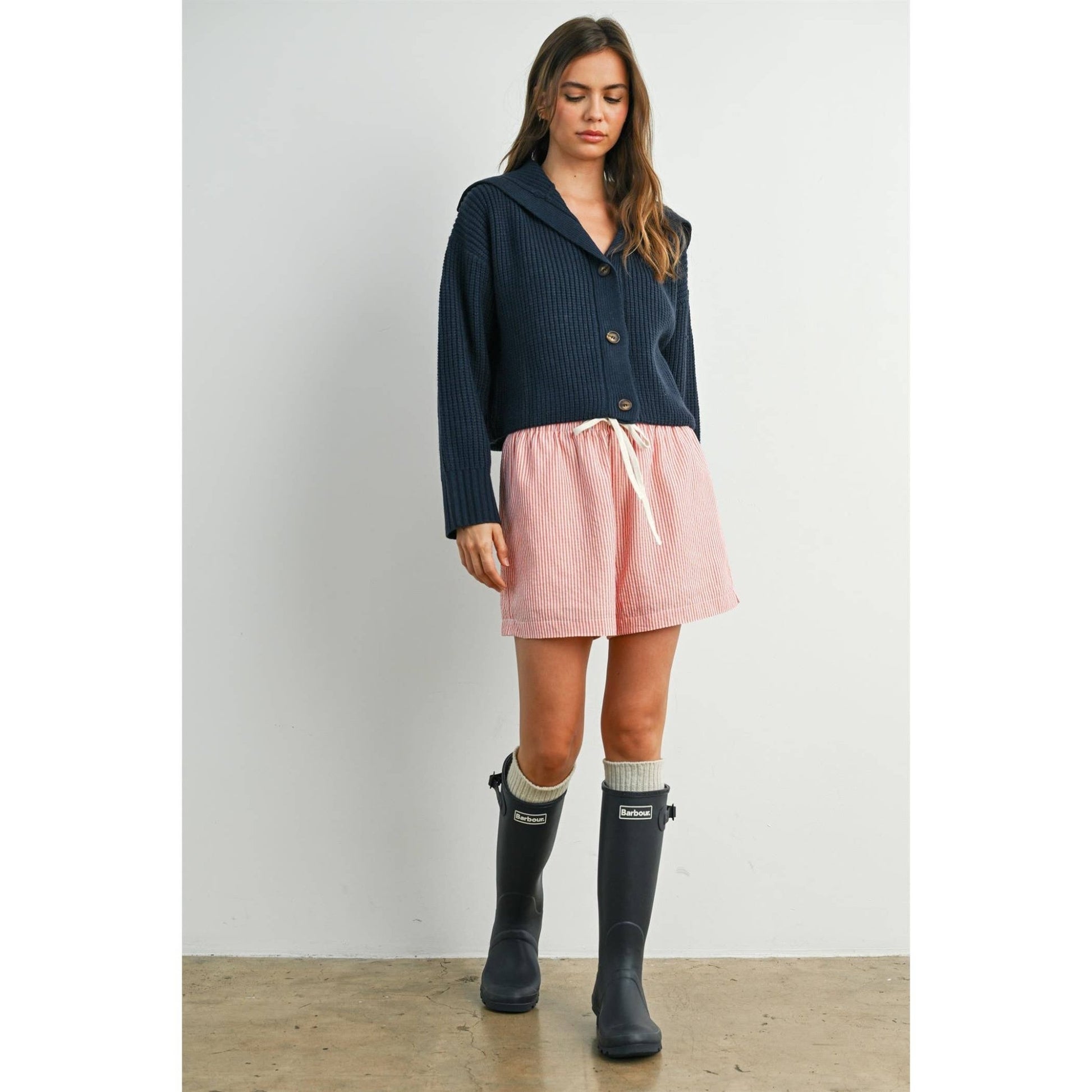 Navy / Red Knit Collared V - Neck Buttoned Long Sleeve Top - Purpose + Passion Boutique