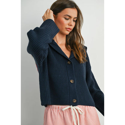 Navy / Red Knit Collared V - Neck Buttoned Long Sleeve Top - Purpose + Passion Boutique