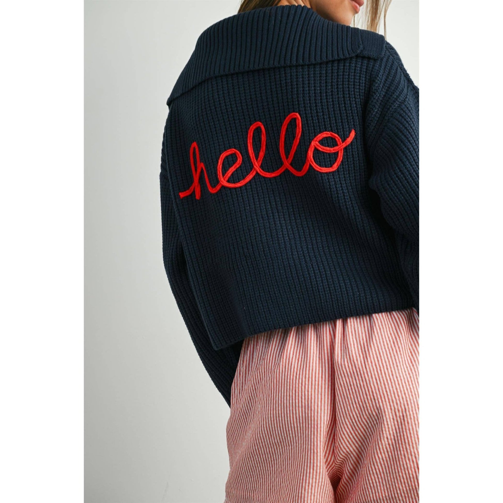 Navy / Red Knit Collared V - Neck Buttoned Long Sleeve Top - Purpose + Passion Boutique