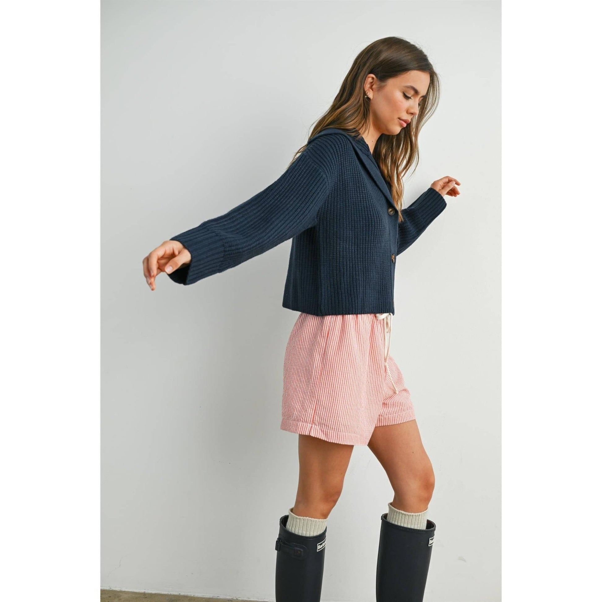 Navy / Red Knit Collared V - Neck Buttoned Long Sleeve Top - Purpose + Passion Boutique