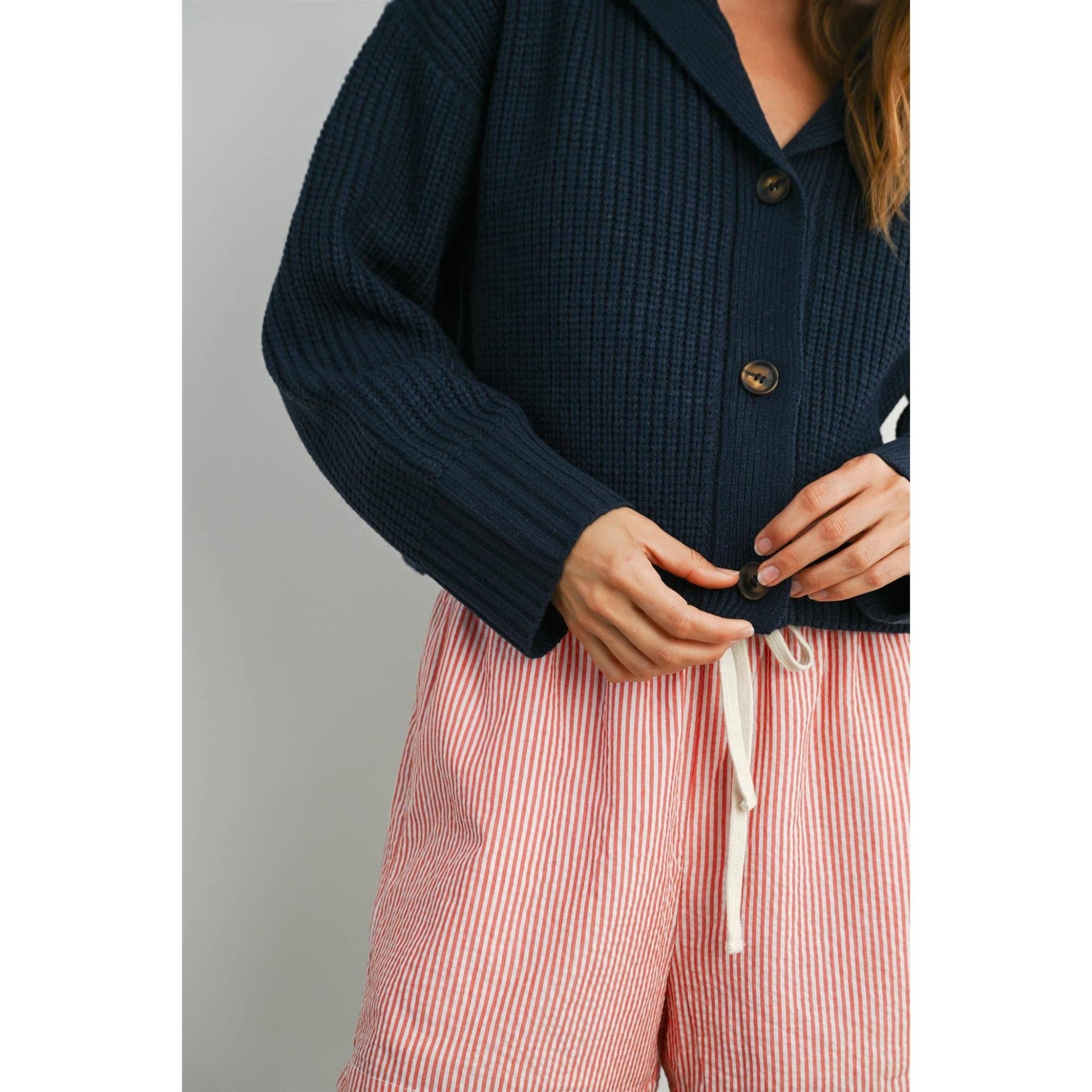 Navy / Red Knit Collared V - Neck Buttoned Long Sleeve Top - Purpose + Passion Boutique