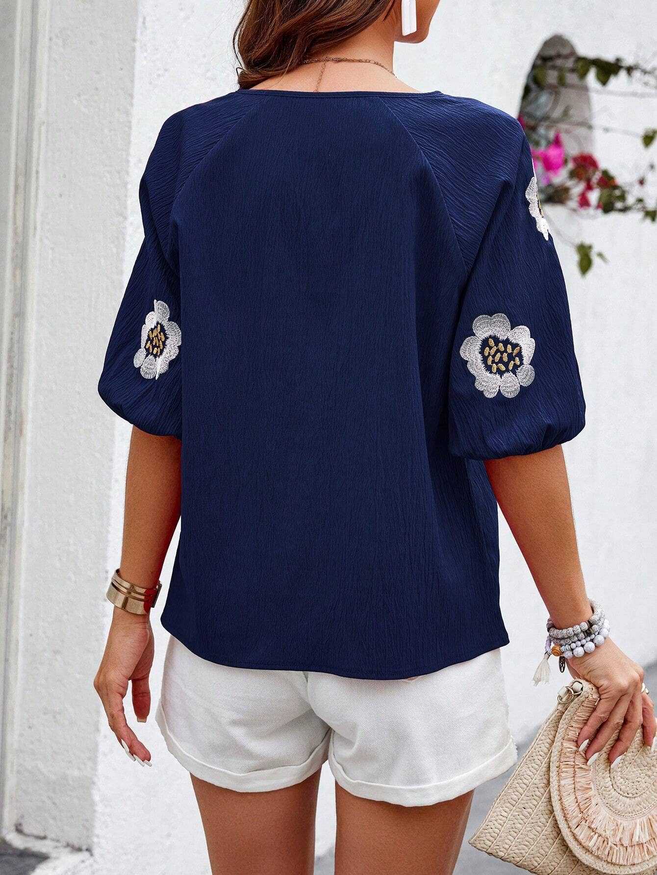 Navy V - Neck Loose Blouse - Purpose + Passion Boutique