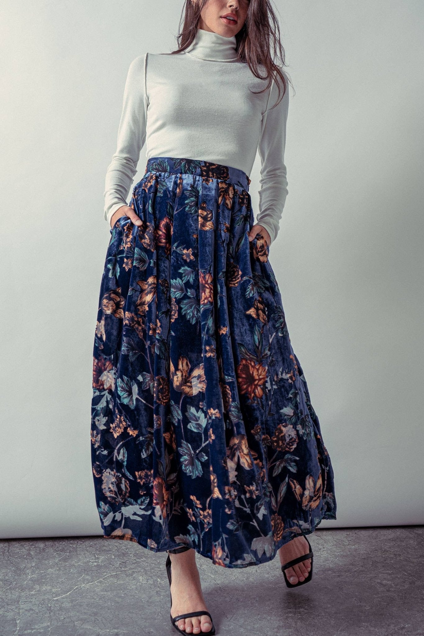 Navy Velvet Jewel Tone Floral Maxi Skirt - Purpose + Passion Boutique