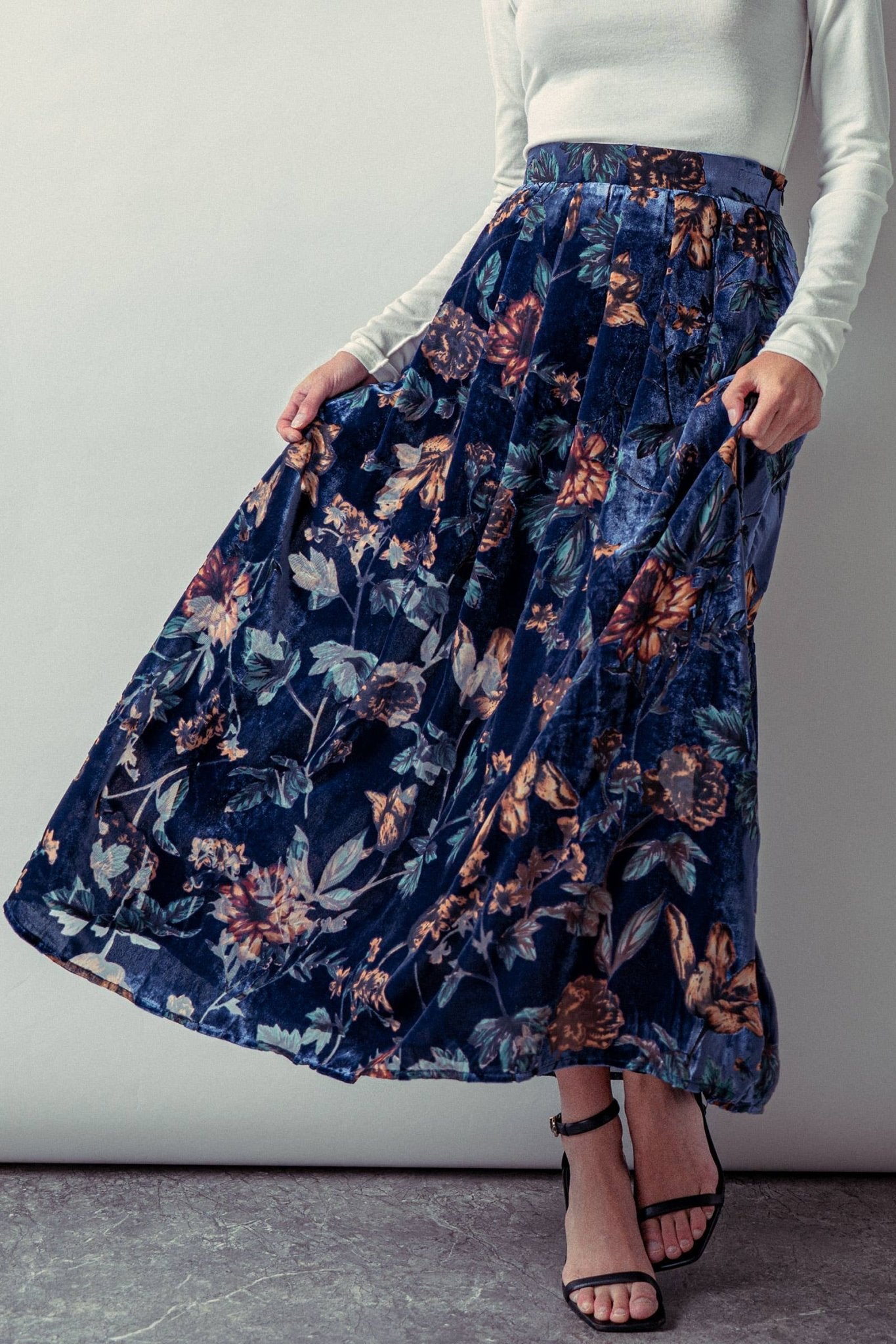 Navy Velvet Jewel Tone Floral Maxi Skirt - Purpose + Passion Boutique