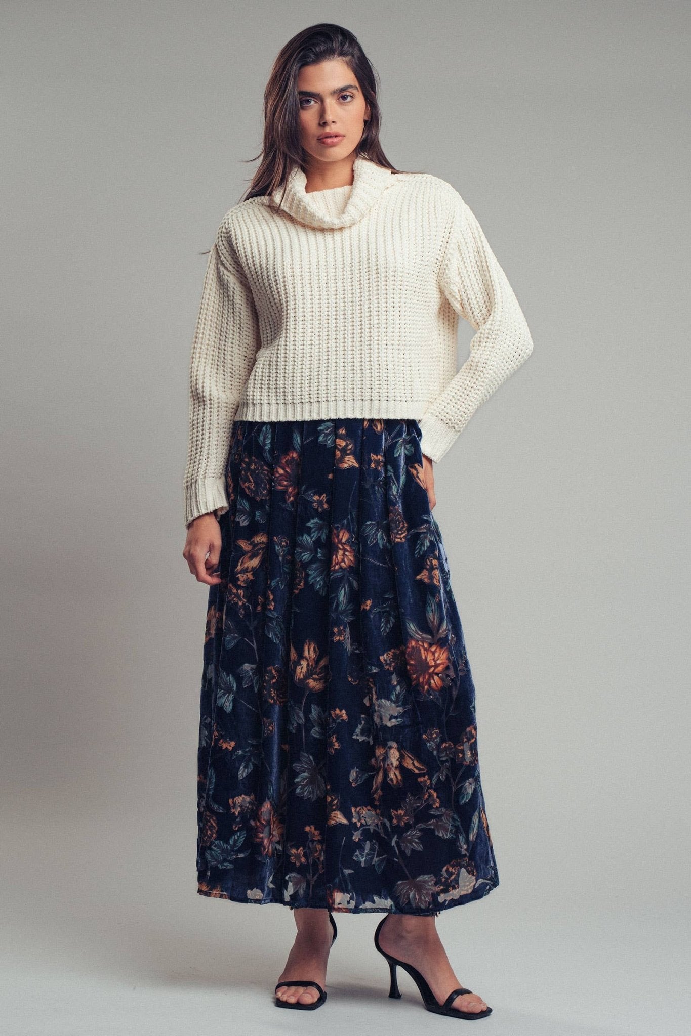 Navy Velvet Jewel Tone Floral Maxi Skirt - Purpose + Passion Boutique