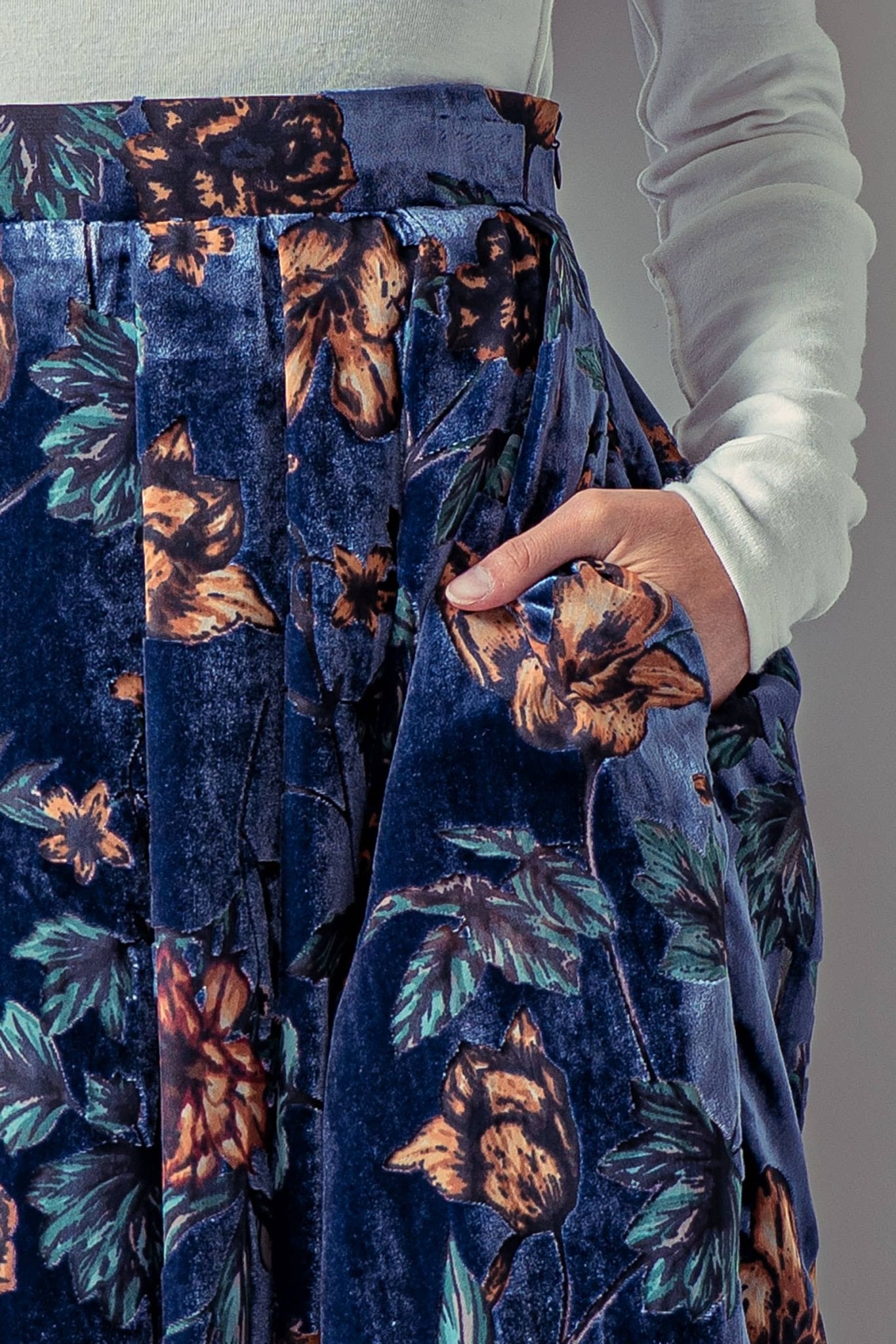 Navy Velvet Jewel Tone Floral Maxi Skirt - Purpose + Passion Boutique