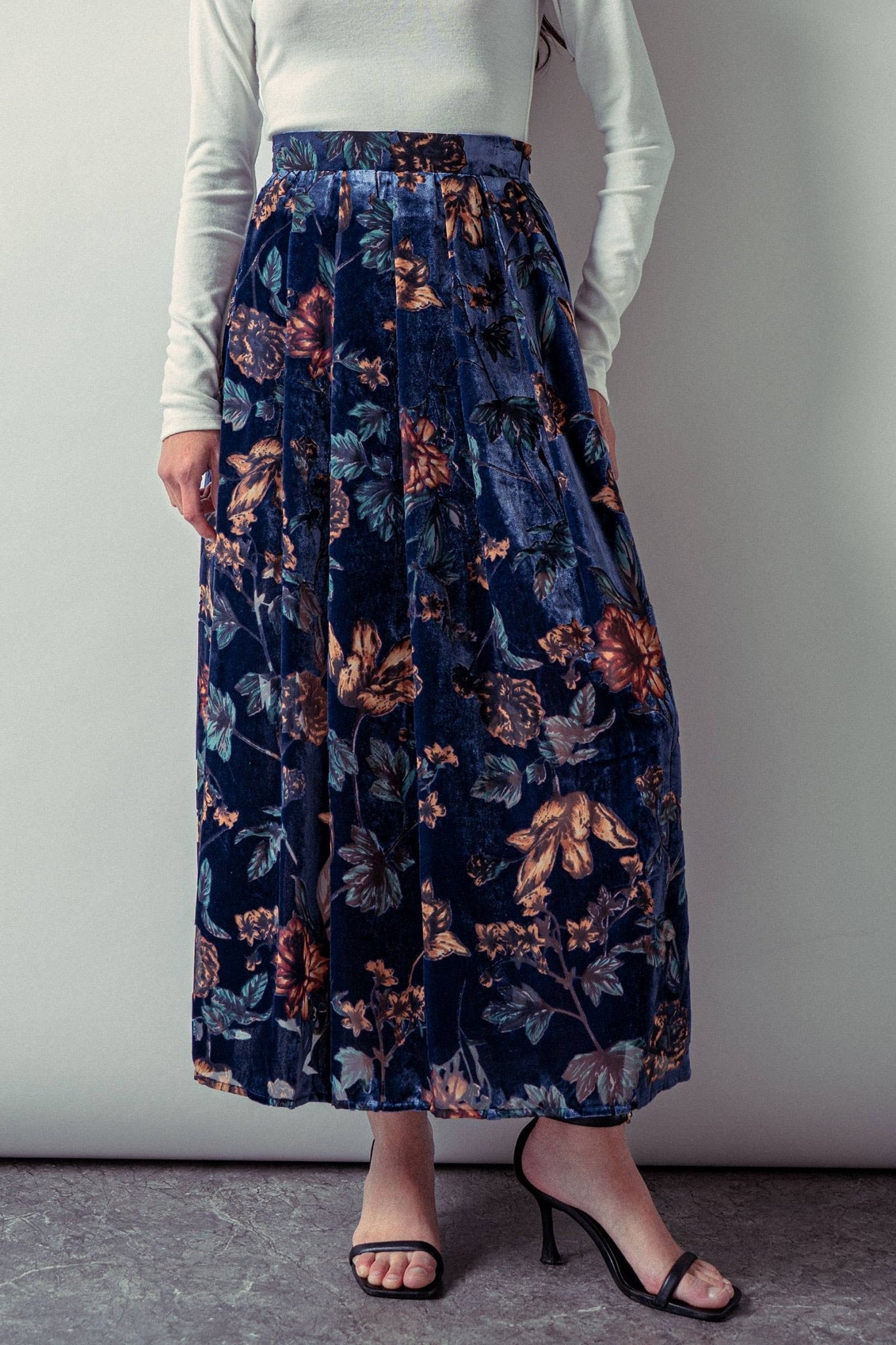 Navy Velvet Jewel Tone Floral Maxi Skirt - Purpose + Passion Boutique