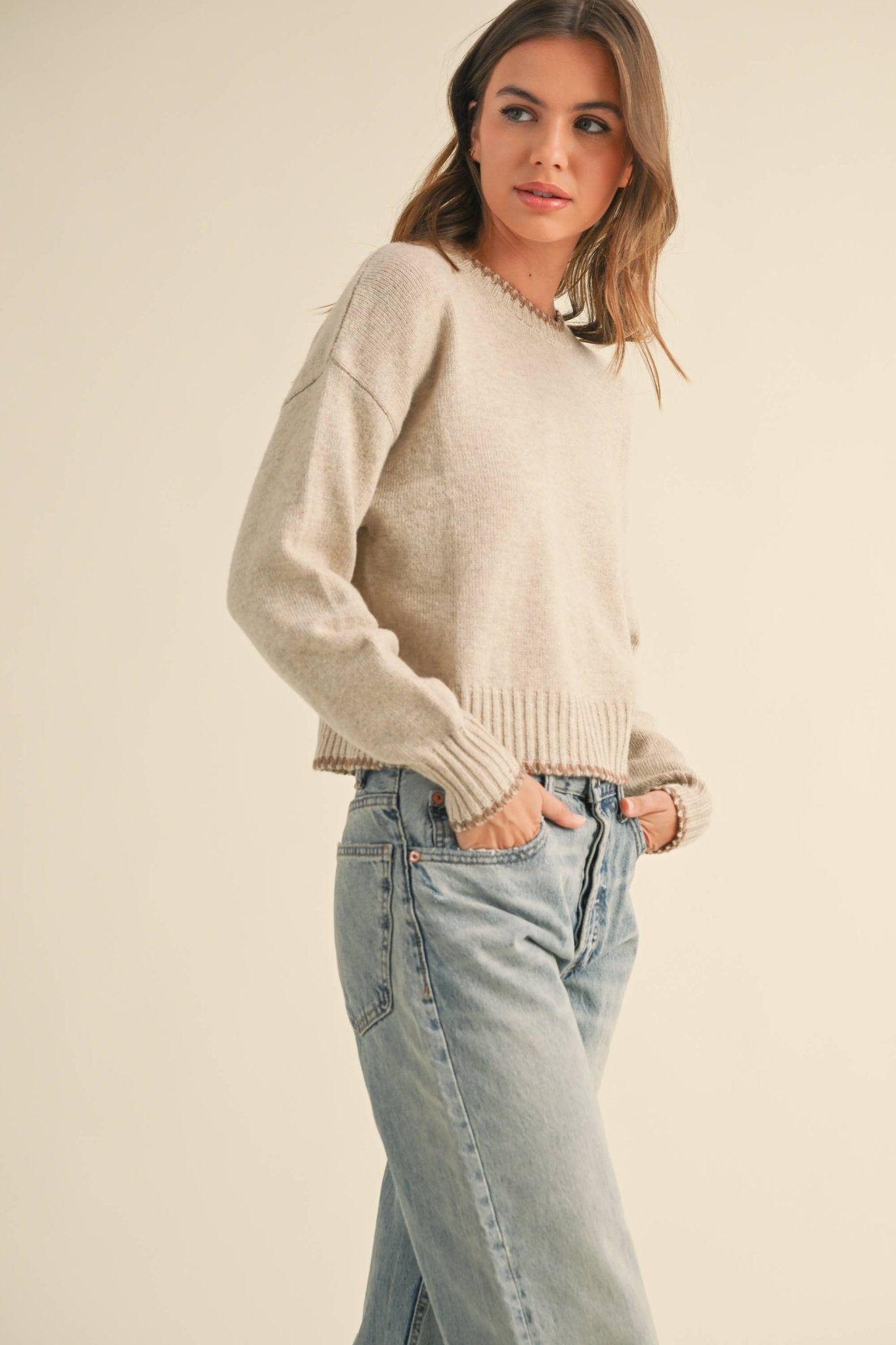 Oatmeal + Brown Color Stitching Sweater - Purpose + Passion Boutique