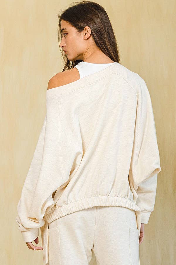 Oatmeal Elastic Bottom Side Tie Boatneck Sweatshirt - Purpose + Passion Boutique