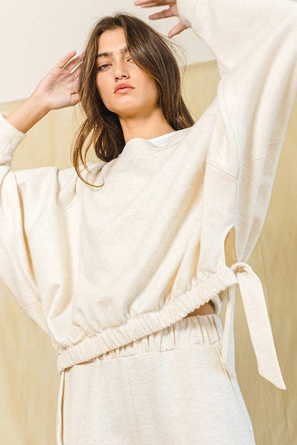 Oatmeal Elastic Bottom Side Tie Boatneck Sweatshirt - Purpose + Passion Boutique